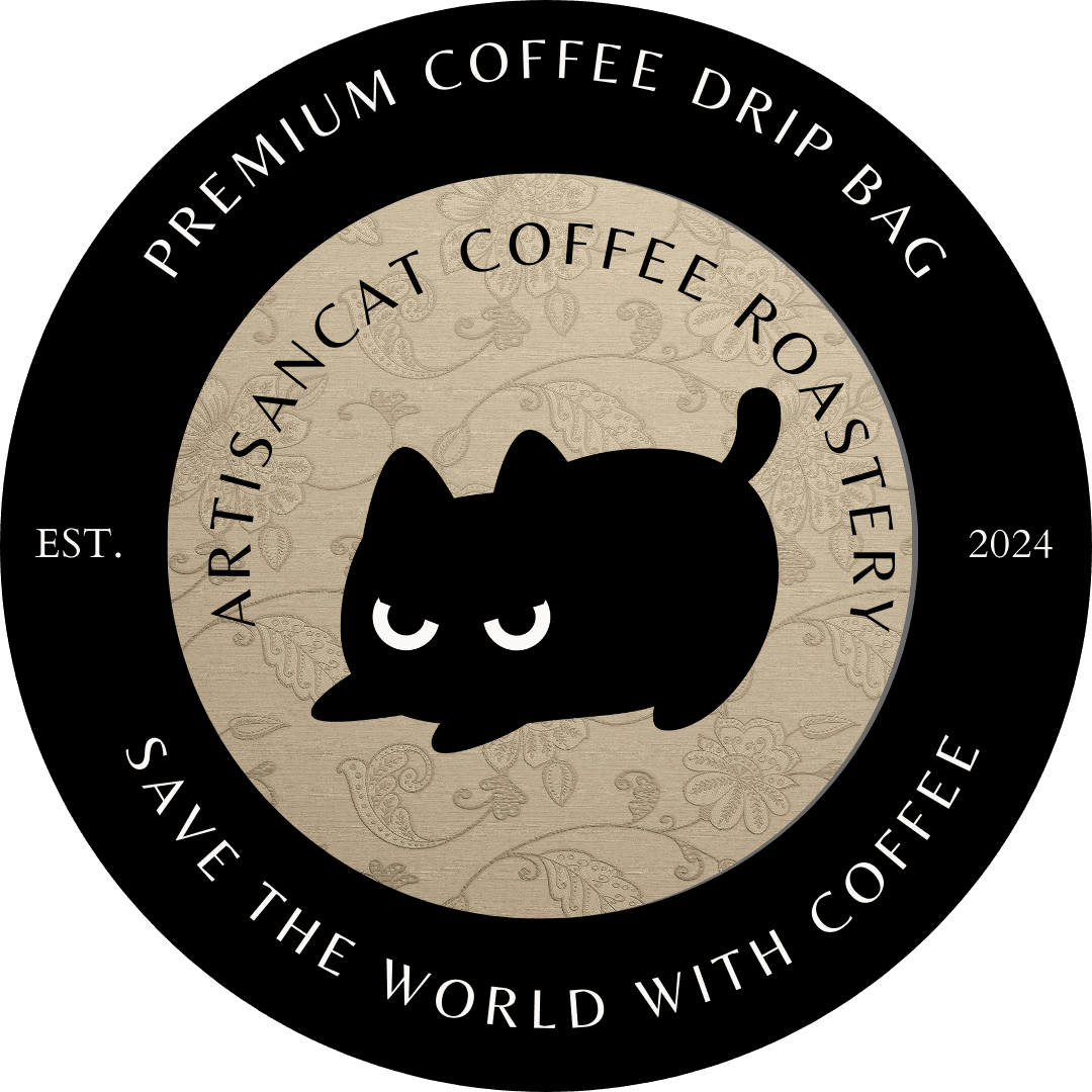 Brazil drip bag artwork: a circular badge in warm beige with an embossed floral pattern and the ArtisanCat, ringed by the words Premium Coffee Drip Bag and Save the World with Coffee, Est. 2024.