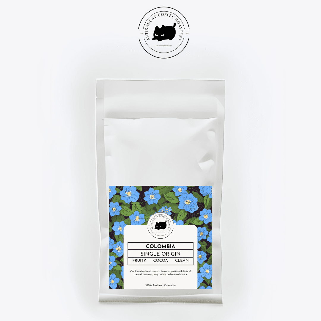 Colombia coffee bag. The label shows blue flowers on deep green foliage.
