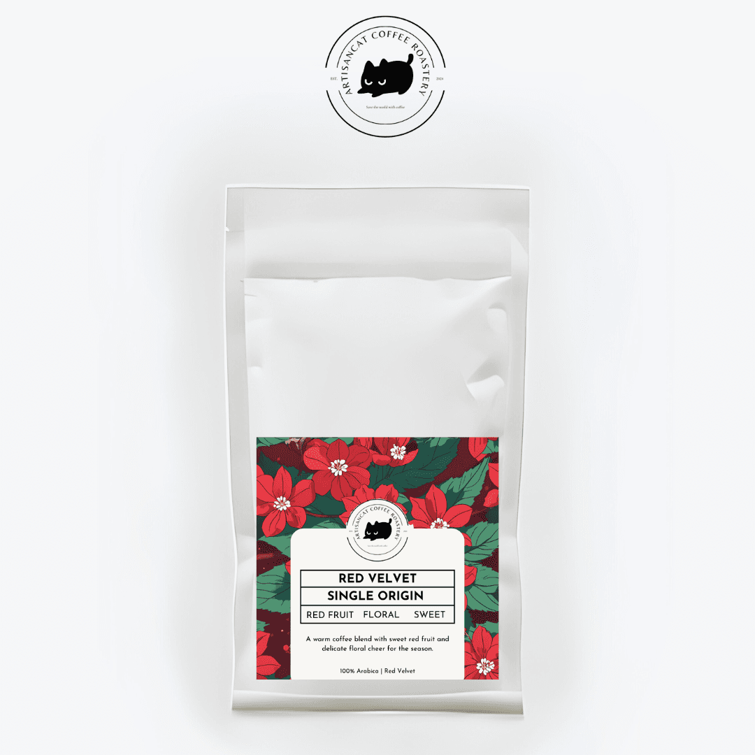 Red Velvet coffee bag. The label shows red blossoms on deep green leaves.