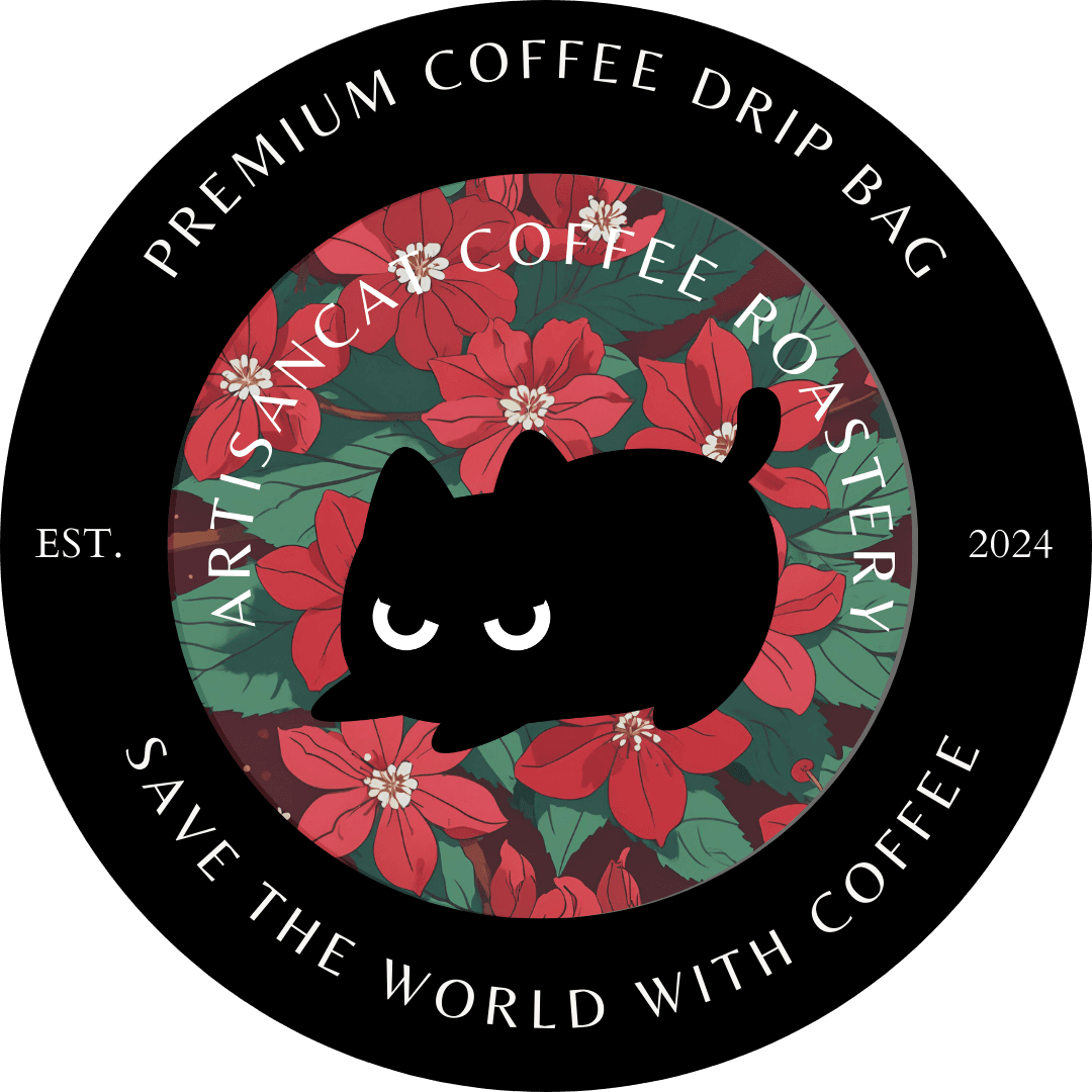 Red Velvet drip bag artwork: a circular badge of red blossoms and green leaves with the ArtisanCat, ringed by the words Premium Coffee Drip Bag and Save the World with Coffee, Est. 2024.