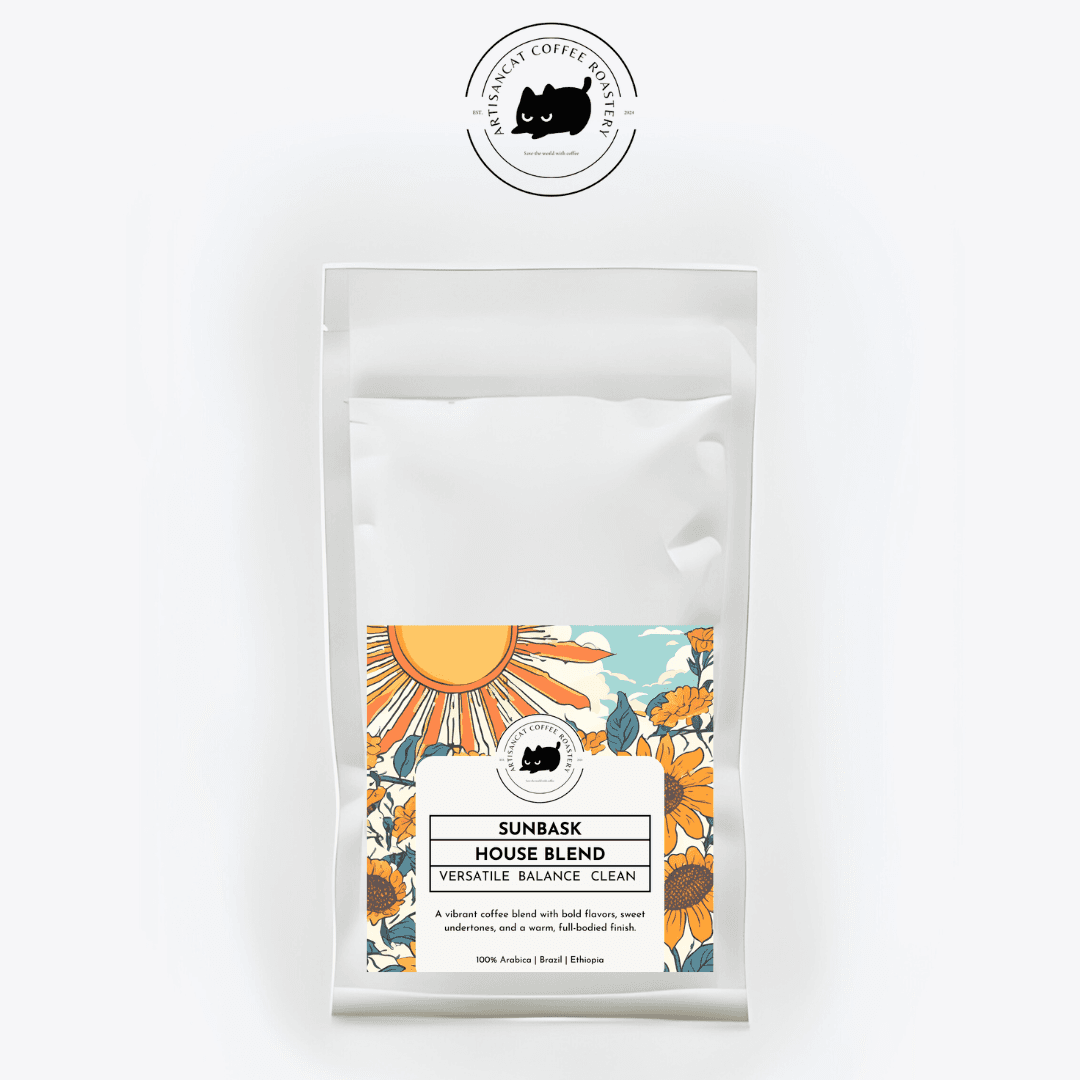 Sunbask coffee bag. The label shows a blazing sun, sunflowers and blue sky.