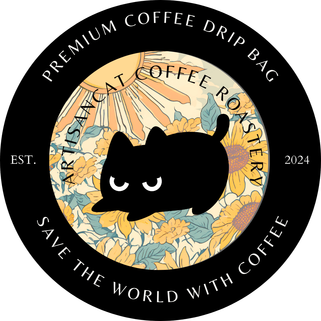 Sunbask drip bag artwork: a circular badge of yellow sunflowers with the sleeping ArtisanCat, ringed by the words Premium Coffee Drip Bag and Save the World with Coffee, Est. 2024.