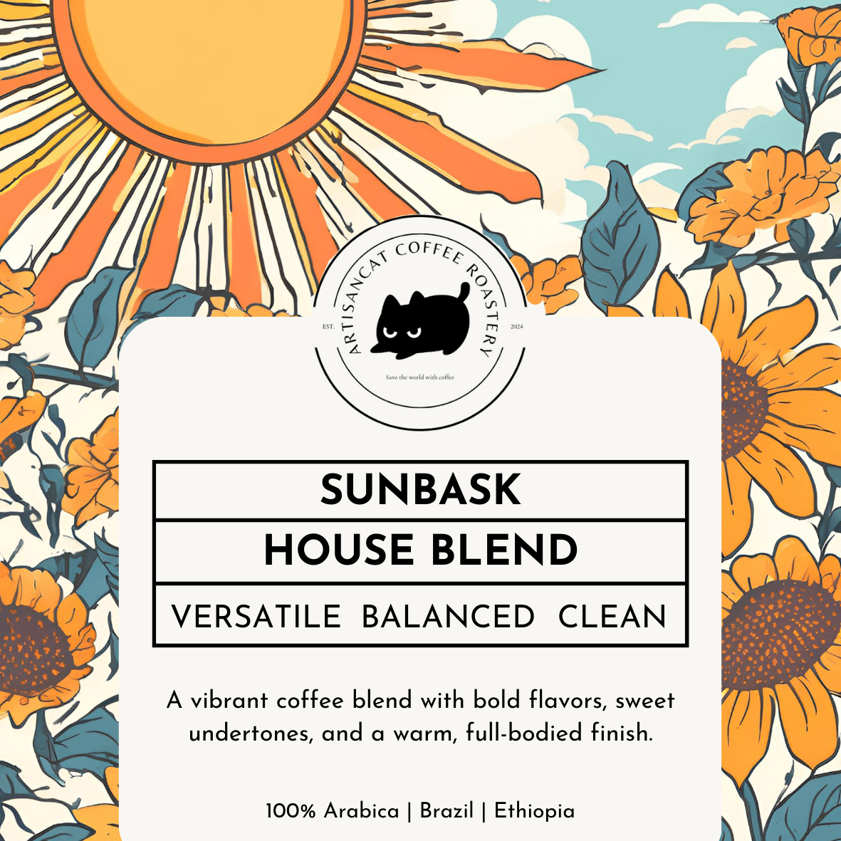 Flat Sunbask label artwork: a blazing sun, sunflowers and blue sky, with the notes Versatile, Balanced, Clean.